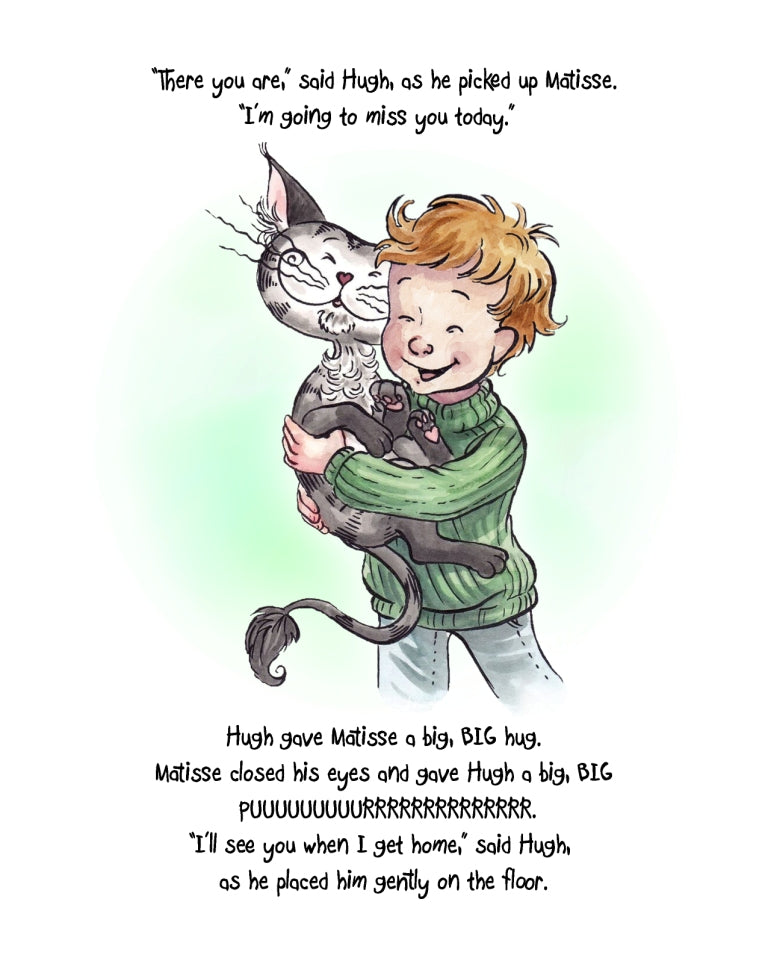 Matisse the Cat hugging his boy Hugh in The Topsy-Turvy Farm. From Matisse and the Topsy-Turvy Farm. A children's picture book from 'The Curious Adventures of Matisse the Cat' series.