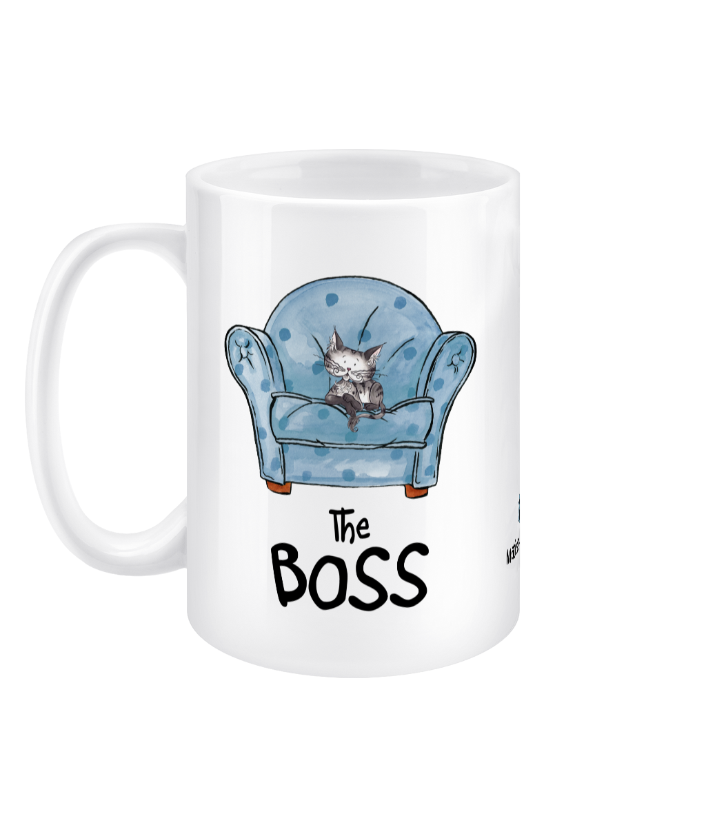 Matisse the cat the boss 15oz jumbo mug with the handle on the left.