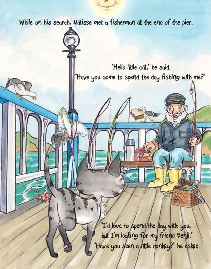 Matisse the Cat meeting the fisherman at the pier. From Matisse and the Little Lost Donkey. A children's picture book from 'The Curious Adventures of Matisse the Cat' series.