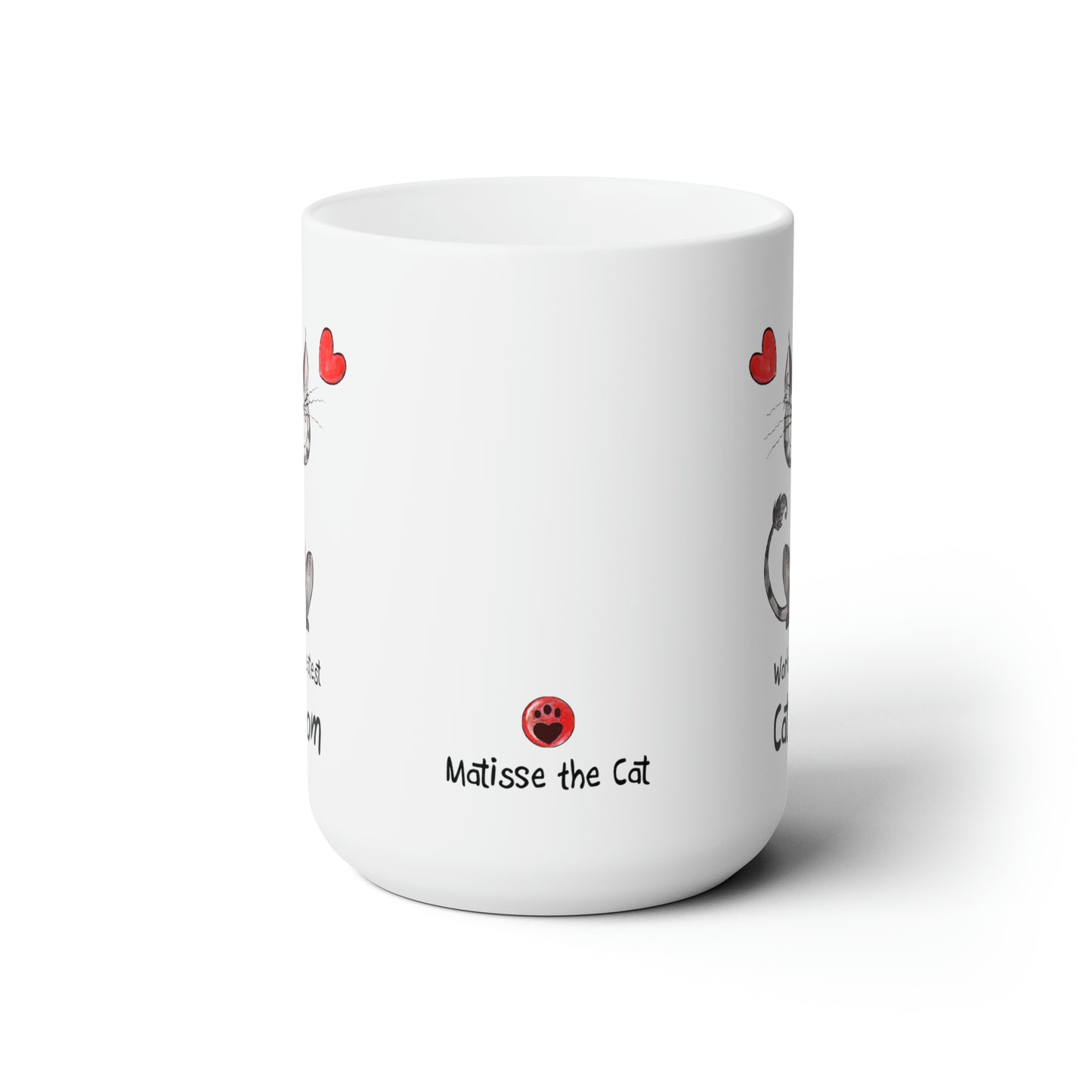 USA Matisse the cat world’s greatest cat mom 15oz jumbo displaying the Matisse paw button in the centre of the mug.