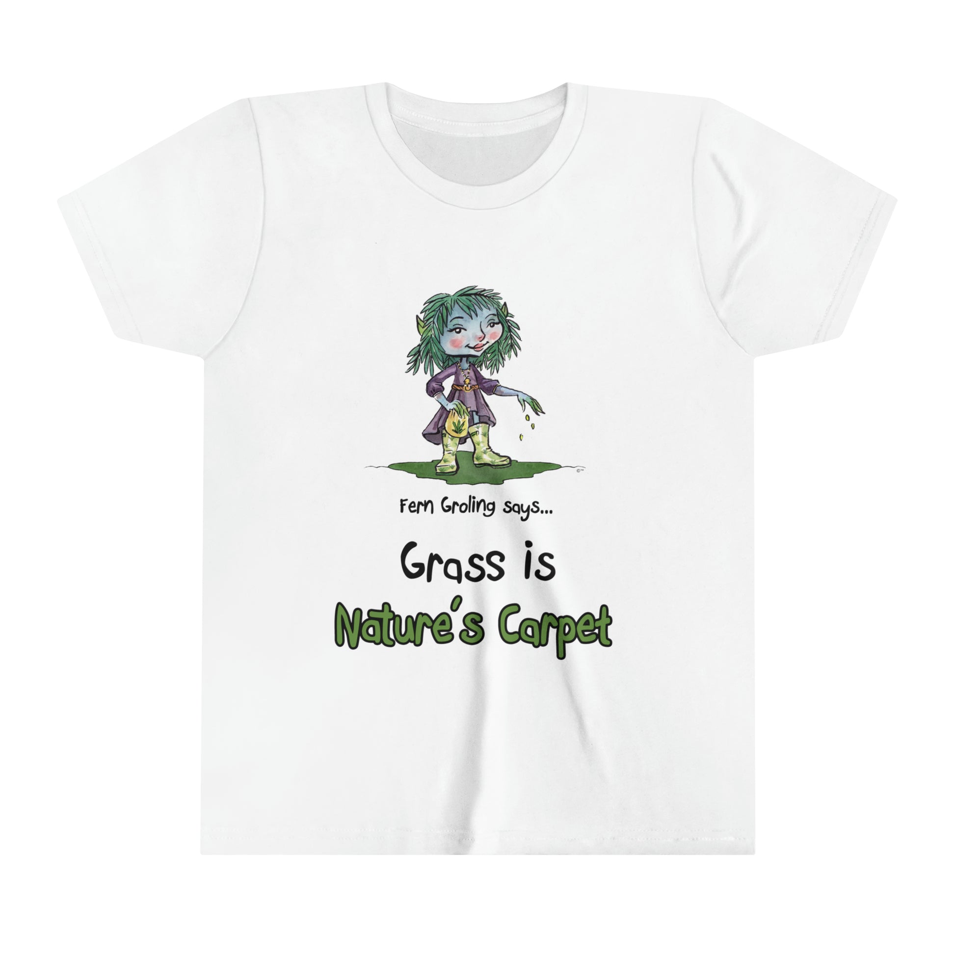 A white official Grolings kids' t-shirt, featuring the phrase 'Fern Groling says... Grass is Nature’s Carpet.' The t-shirt showcases Fern Groling, standing on green ground and planting grass seeds. The scene emphasises the importance of grass as a natural carpet, symbolising the lushness and vitality it brings to the environment. Fern Groling encourages an appreciation for the beauty and ecological significance of grass in nature.