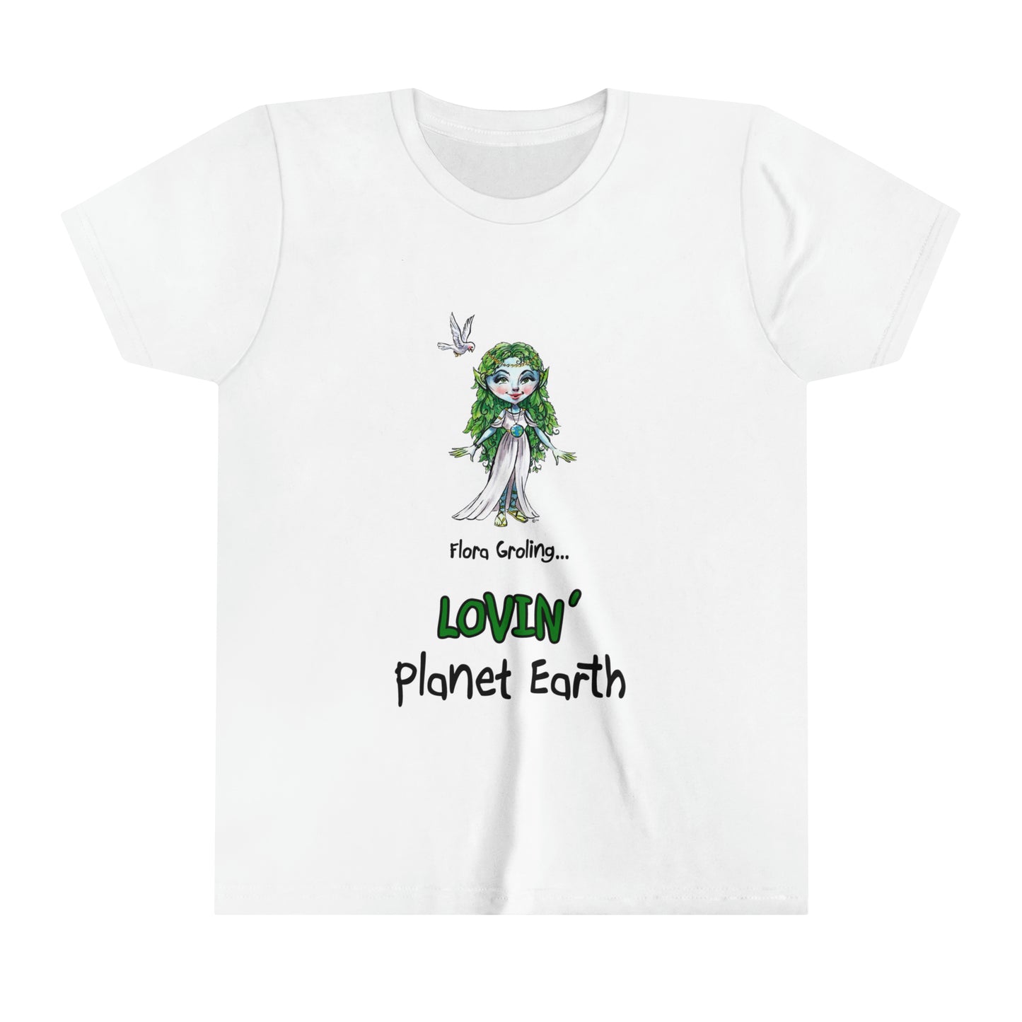 A white kids' t-shirt from the 'The Grolings Say...' collection, featuring the phrase 'Flora Groling says... I'm Lovin' Planet Earth' in charming font. The t-shirt showcases Flora Groling, a character from the collection, wearing a beautiful white dress and an Earth necklace. To the left side of her head, a dove symbolizes peace and harmony. The scene reflects Flora Groling's affection and care for the planet, encouraging love and appreciation for the Earth's beauty and well-being.