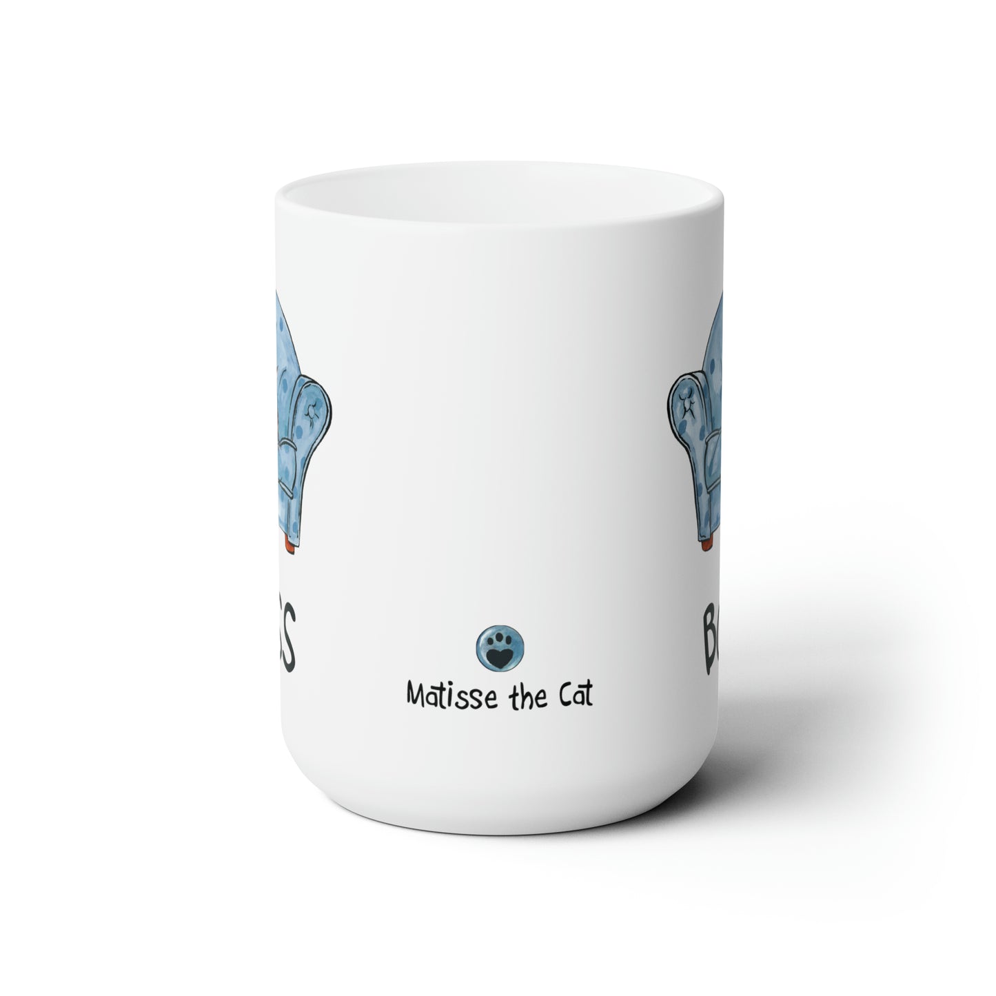 USA Matisse the cat the boss 15oz jumbo displaying the Matisse paw button in the centre of the mug.
