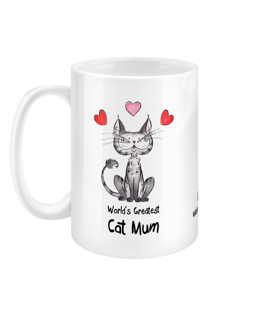 Matisse the cat world’s greatest cat mum 15oz jumbo mug with the handle on the left.