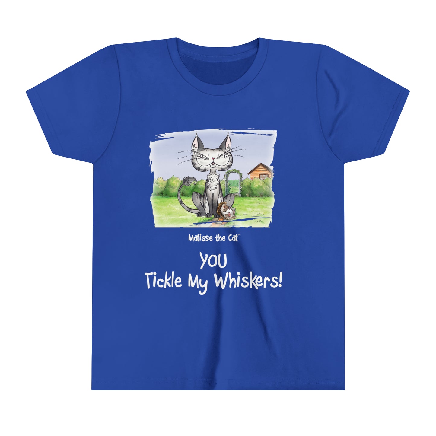 A true blue official, Matisse the Cat children’s t-shirt with the slogan ‘YOU Tickle My Whiskers ‘ showcases Matisse sitting in his garden smiling with a sleeping hedgehog curled up beside him resting on his leg.