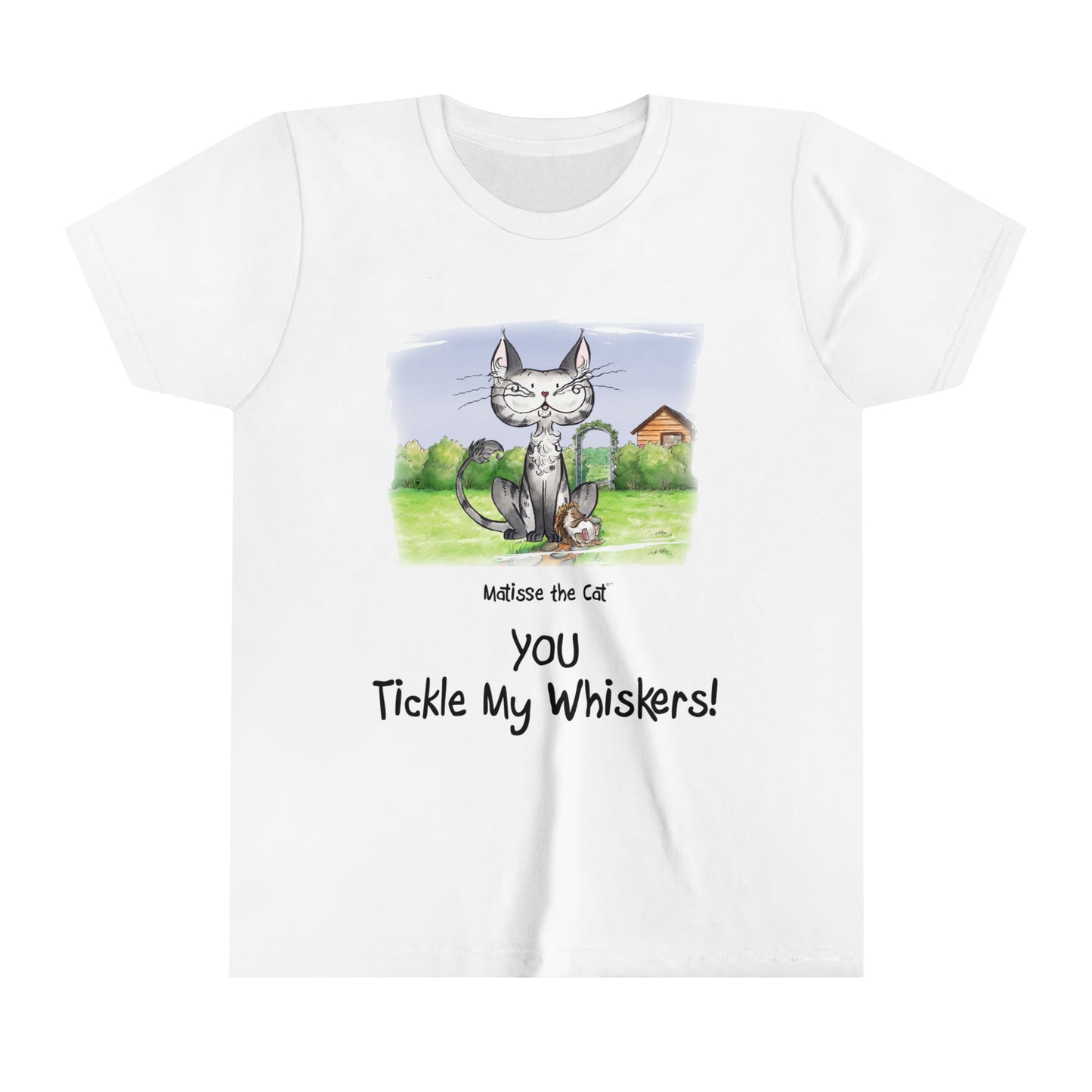 A white official, Matisse the Cat children’s t-shirt with the slogan ‘YOU Tickle My Whiskers ‘ showcases Matisse sitting in his garden smiling with a sleeping hedgehog curled up beside him resting on his leg.