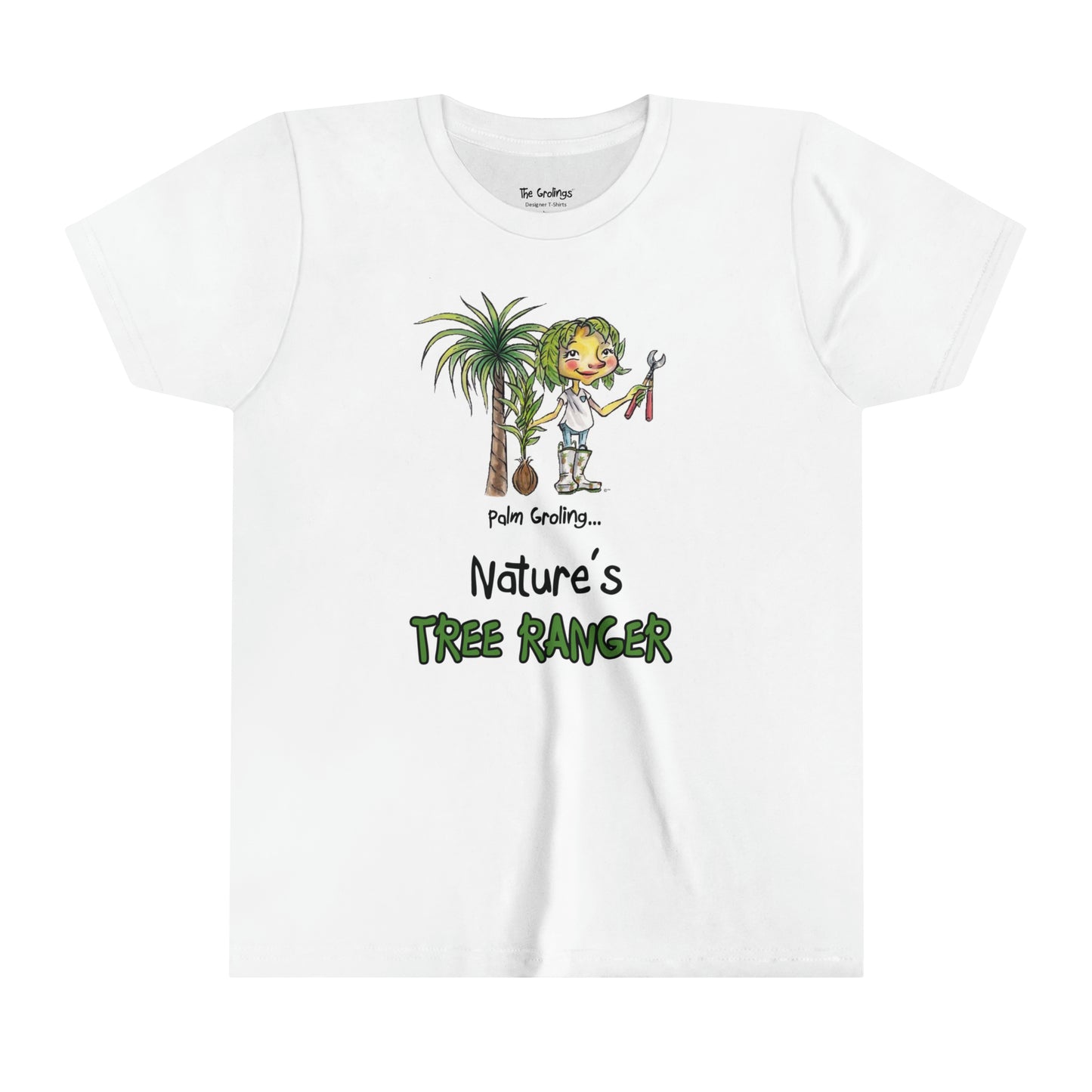 A white official USA Grolings kids' t-shirt, featuring the phrase 'Palm Groling... Nature’s Tree Ranger.' The t-shirt showcases Palm Groling, holding a young tree in one hand and pruning shears in the other. In the background, a majestic palm tree stands tall. The scene emphasises the importance and grandeur of trees as essential components of the Earth's ecosystem, promoting a sense of awe and reverence for these green giants.