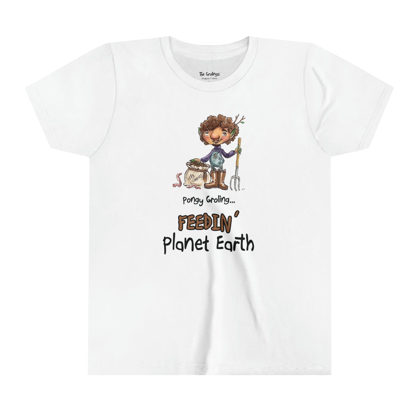 A white official USA Grolings kids' t-shirt, featuring the phrase 'Pongy Groling... Feedin’ Planet Earth.' The t-shirt showcases Pongy Groling, a character from ‘Matisse and the Topsy-Turvy Farm,’ standing beside a sack of compost. Pongy Groling is holding a garden fork, and a friendly worm is watching. The scene highlights the importance of nourishing the Earth through composting and fostering a harmonious relationship with nature. The