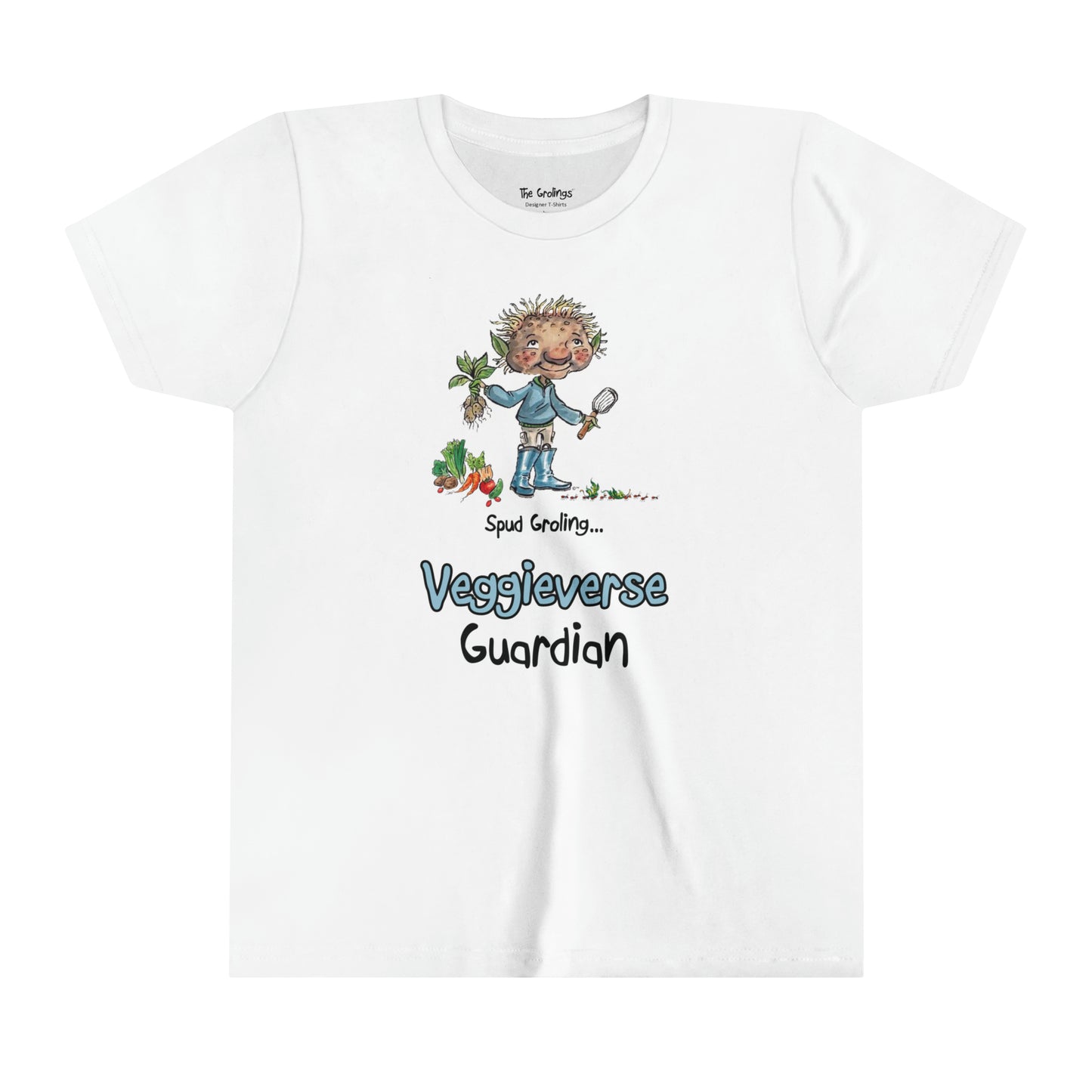 A white official USA Grolings kids t-shirt featuring the phrase 'Spud Groling... Veggieverse Guardian. The t-shirt showcases Spud Groling, standing with a freshly harvested potato plant in his hand, surrounded by a variety of fresh vegetables. Spud Groling's message encourages the wearer to embrace a role as a protector and caretaker of the vegetable world.