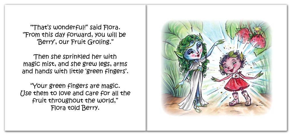Berry Groling being sprinkled with magic mist and transforming from raspberry to Groling. A book from The Grolings Secret Tales series by author Amanda Walsh.