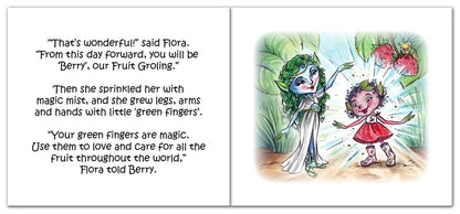 Berry Groling being sprinkled with magic mist and transforming from raspberry to Groling. A book from The Grolings Secret Tales series by author Amanda Walsh.
