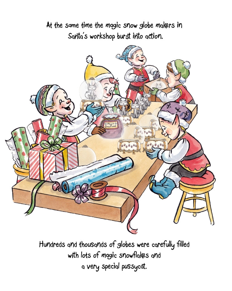 Elves making Matisse snow globes. From Matisse and Santa’s Magic Snow Globe. A children's picture book from 'The Curious Adventures of Matisse the Cat' series.