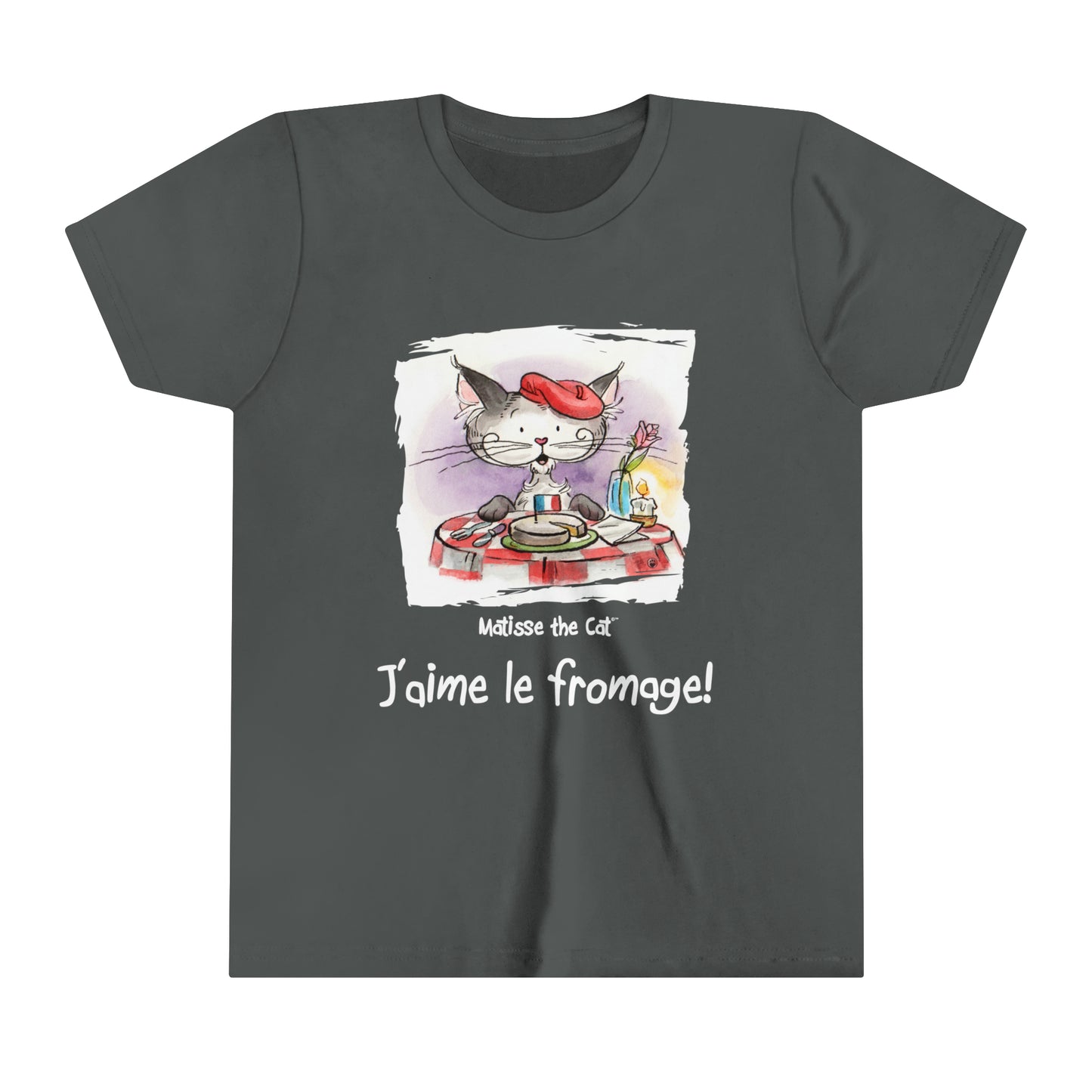 An asphalt grey official, Matisse the Cat children’s t-shirt with the slogan ‘Jaime le fromage ‘ showcases Matisse sitting at a French bistro table preparing to eat cheese.