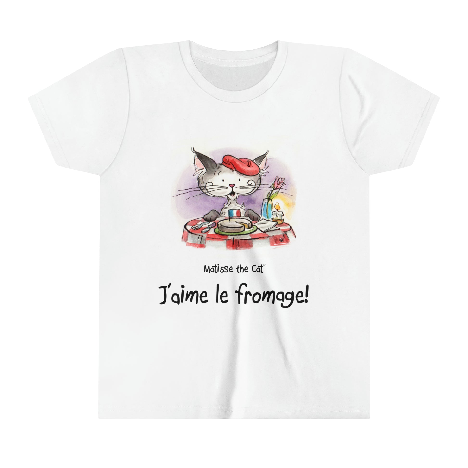 A white official, Matisse the Cat children’s t-shirt with the slogan ‘Jaime le fromage ‘ showcases Matisse sitting at a French bistro table preparing to eat cheese.