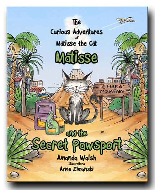 Matisse the Secret Pawsport book front cover. From Matisse and the Secret Pawsport. A children's picture book from 'The Curious Adventures of Matisse the Cat' series.