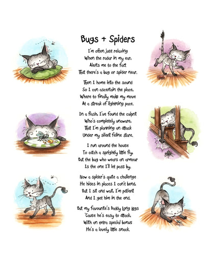 Matisse the Cat's Bugs and Spiders, curious adventure poem. From the second book in the Matisse the Cat Tickly Tales series.