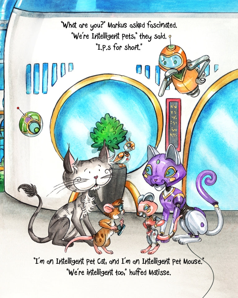 Matisse the Cat and Markus mouse meeting the Intelligent Pet cat and mouse in the future. From the children’s' picture book, The Curious Adventures of Matisse the Cat, Matisse Tickles Time.