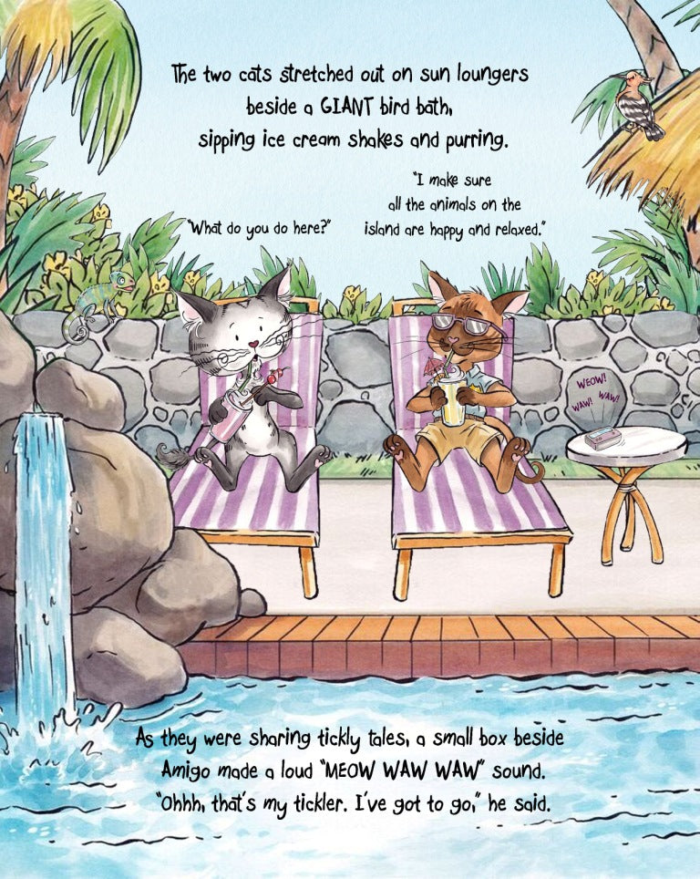 Matisse the Cat and Amigo sipping milkshakes at the pool. From Matisse and the Secret Pawsport. A children's picture book from 'The Curious Adventures of Matisse the Cat' series.