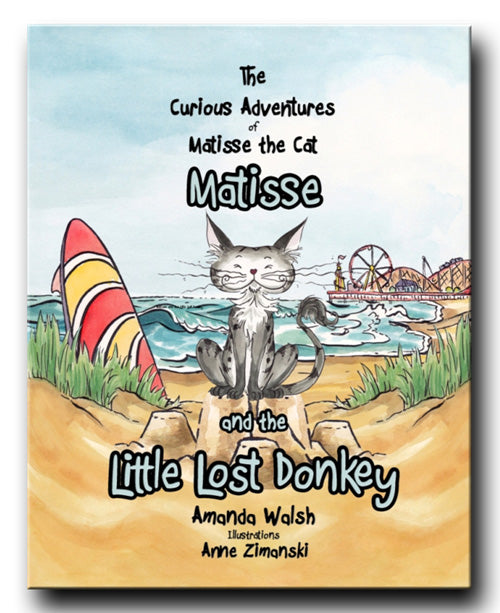 Matisse the Cat and The Little Lost Donkey book front cover. From Matisse and the Little Lost Donkey. A children's picture book from 'The Curious Adventures of Matisse the Cat' series.