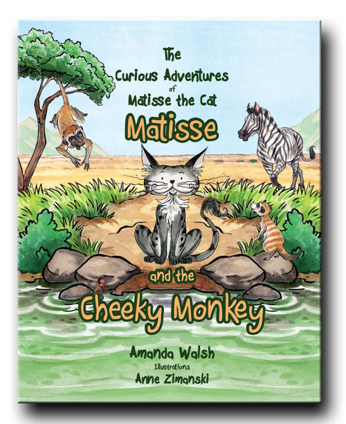 Matisse and the Cheeky Monkey Front Cover. From Matisse and the Cheeky Monkey. A children's picture book from 'The Curious Adventures of Matisse the Cat' series.