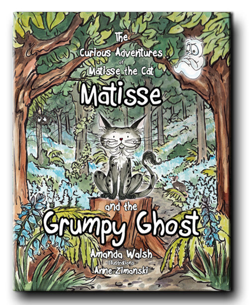Matisse the Cat and the Grumpy Ghost book front cover. From Matisse and the Grumpy Ghost. A children's picture book from 'The Curious Adventures of Matisse the Cat' series.