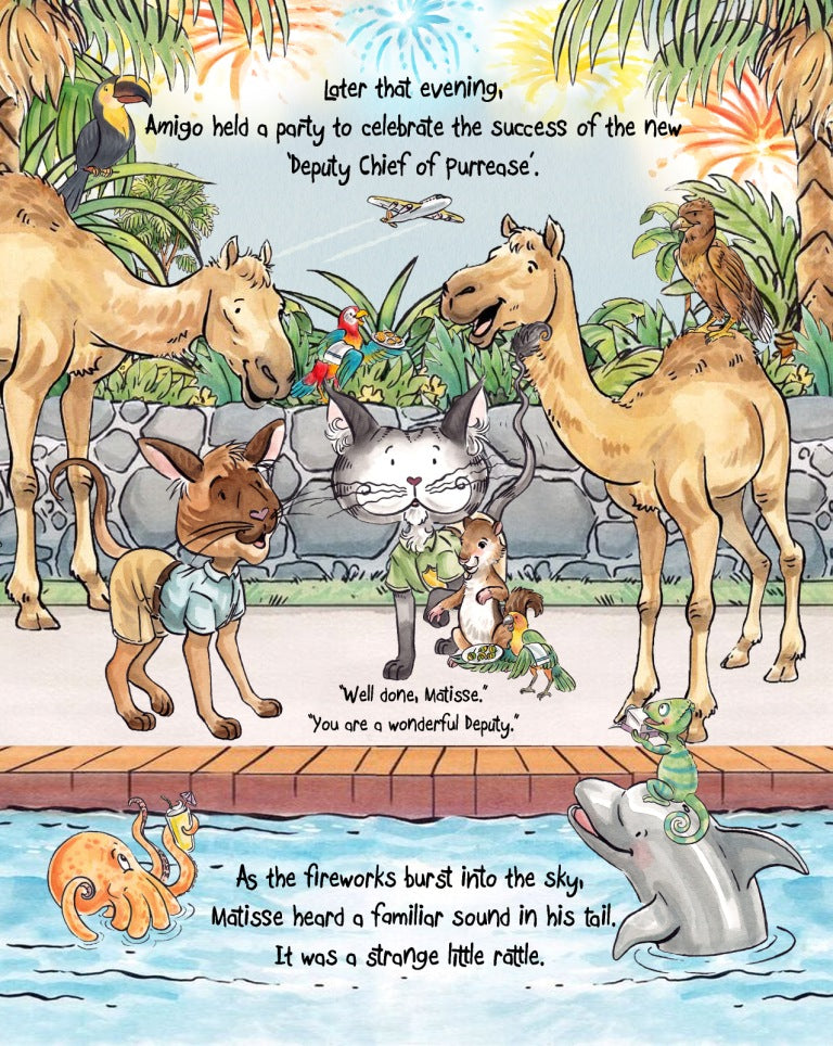 Matisse the Cat at his pool party. From Matisse and the Secret Pawsport. A children's picture book from 'The Curious Adventures of Matisse the Cat' series.