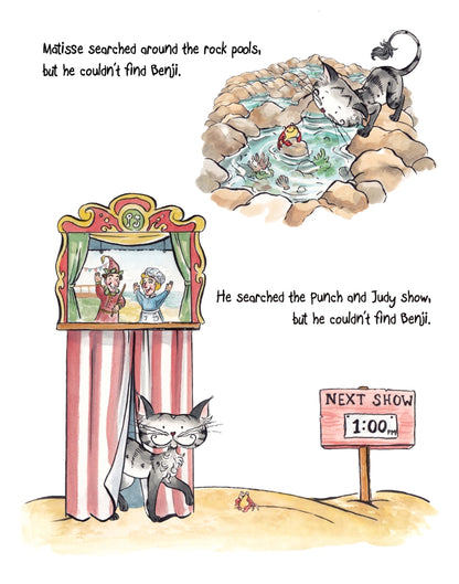 Matisse the Cat at the rock pool and the Punch and Judy stand. From Matisse and the Little Lost Donkey. A children's picture book from 'The Curious Adventures of Matisse the Cat' series.