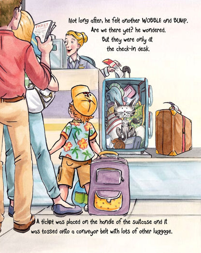 Matisse the Cat being checked-in at the airport. From Matisse and the Secret Pawsport. A children's picture book from 'The Curious Adventures of Matisse the Cat' series.