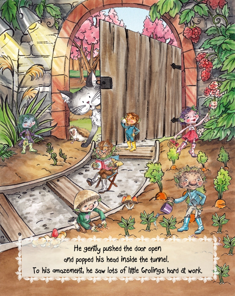 Matisse the Cat finding The Grolings in their tunnel. From Matisse and the Topsy-Turvy Farm. A children's picture book from 'The Curious Adventures of Matisse the Cat' series.