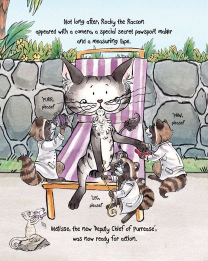 Matisse the Cat getting measured-up for his new uniform. From Matisse and the Secret Pawsport. A children's picture book from 'The Curious Adventures of Matisse the Cat' series.