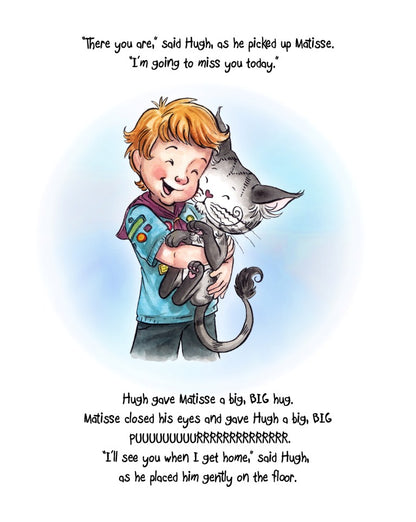 Matisse the Cat hugging his boy Hugh. From Matisse and the Cheeky Monkey. A children's picture book from 'The Curious Adventures of Matisse the Cat' series.