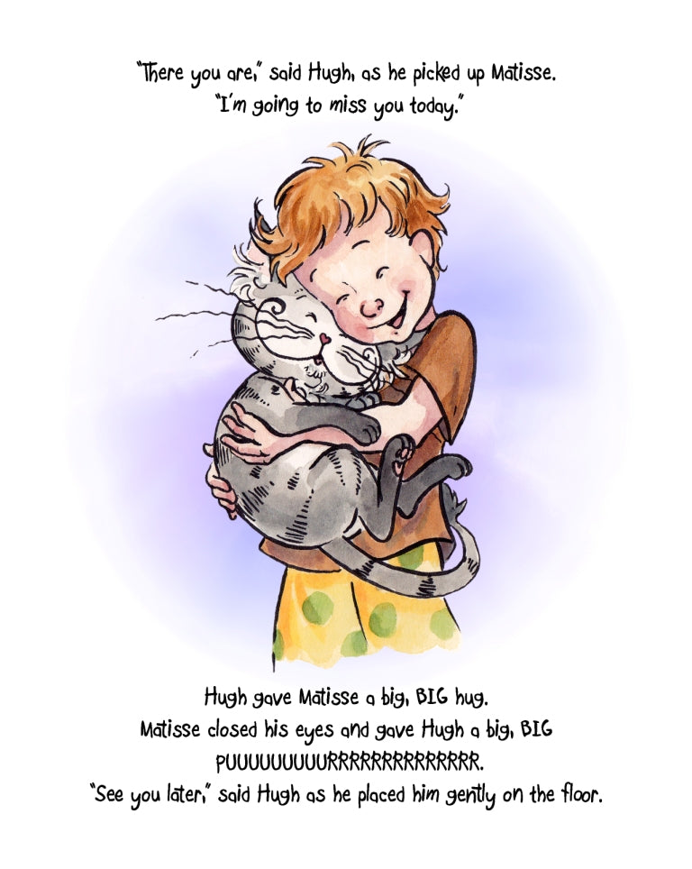 Matisse the Cat hugging his boy Hugh in The Little Lost Donkey. From Matisse the Little Lost Donkey. A children's picture book from 'The Curious Adventures of Matisse the Cat' series.