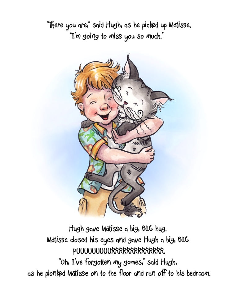 Matisse the Cat hugging his boy Hugh in The Secret Pawsport. From Matisse and the Secret Pawsport. A children's picture book from 'The Curious Adventures of Matisse the Cat' series.