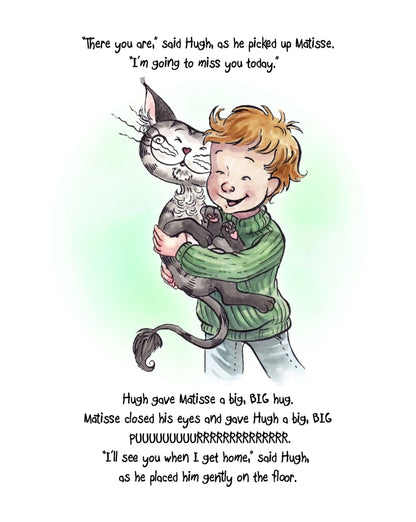 Matisse the Cat hugging his boy Hugh in The Topsy-Turvy Farm. From Matisse and the Topsy-Turvy Farm. A children's picture book from 'The Curious Adventures of Matisse the Cat' series.