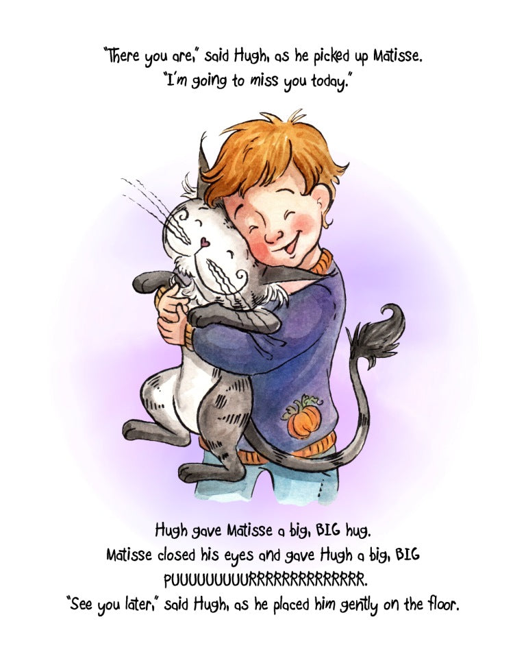 Matisse the Cat hugging his boy Hugh in the Grumpy Ghost. From Matisse and the Grumpy Ghost. A children's picture book from 'The Curious Adventures of Matisse the Cat' series.