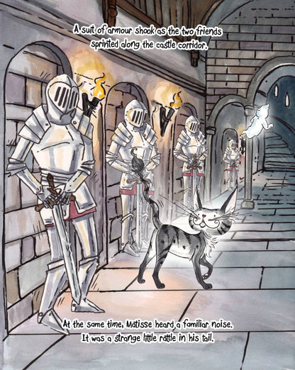 Matisse the Cat in the castle with the armour. From Matisse and the Grumpy Ghost. A children's picture book from 'The Curious Adventures of Matisse the Cat' series.