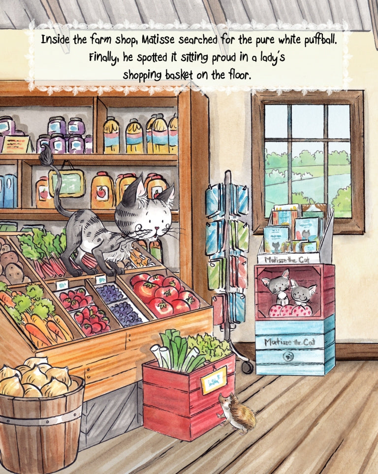 Matisse the Cat in the farm shop. From Matisse and the Topsy-Turvy Farm. A children's picture book from 'The Curious Adventures of Matisse the Cat' series.