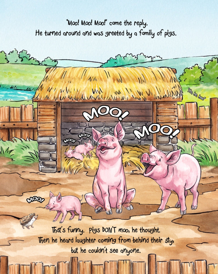 Matisse the cat and the pigs mooing in the pigsty. From Matisse and the Topsy-Turvy Farm. A children's picture book from 'The Curious Adventures of Matisse the Cat' series.