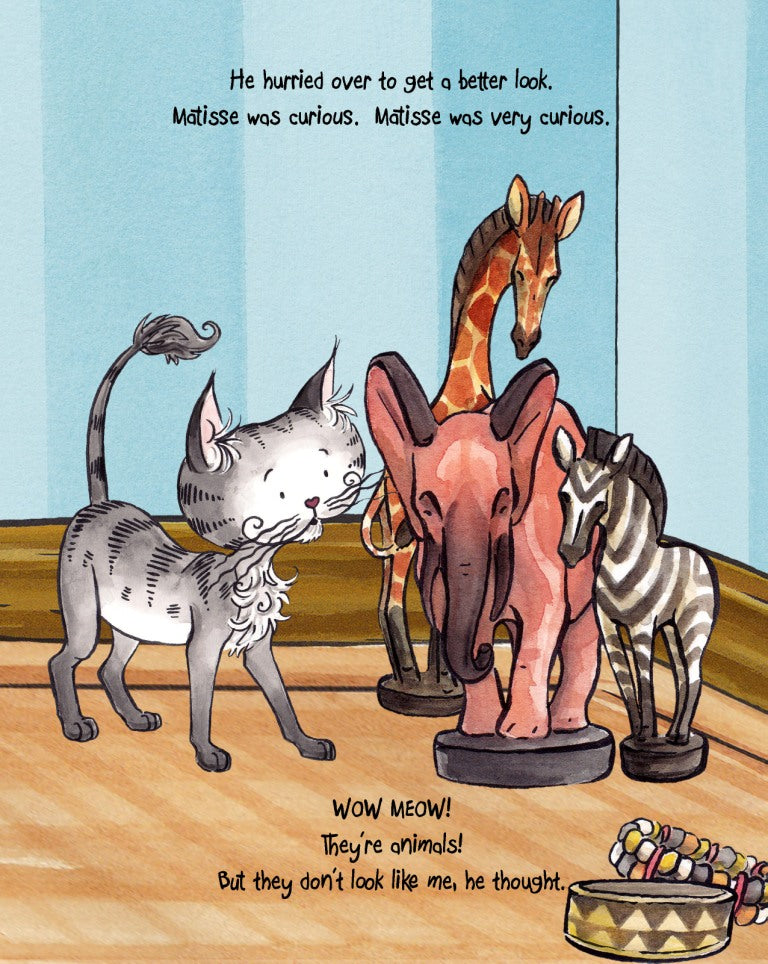 Matisse the cat looking at a group of wooden animals. From Matisse and the Cheeky Monkey. A children's picture book from 'The Curious Adventures of Matisse the Cat' series.
