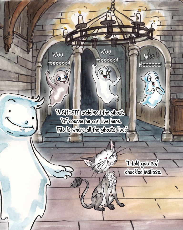 Matisse the Cat meeting the ghosts in the castle. From Matisse and the Grumpy Ghost. A children's picture book from 'The Curious Adventures of Matisse the Cat' series.