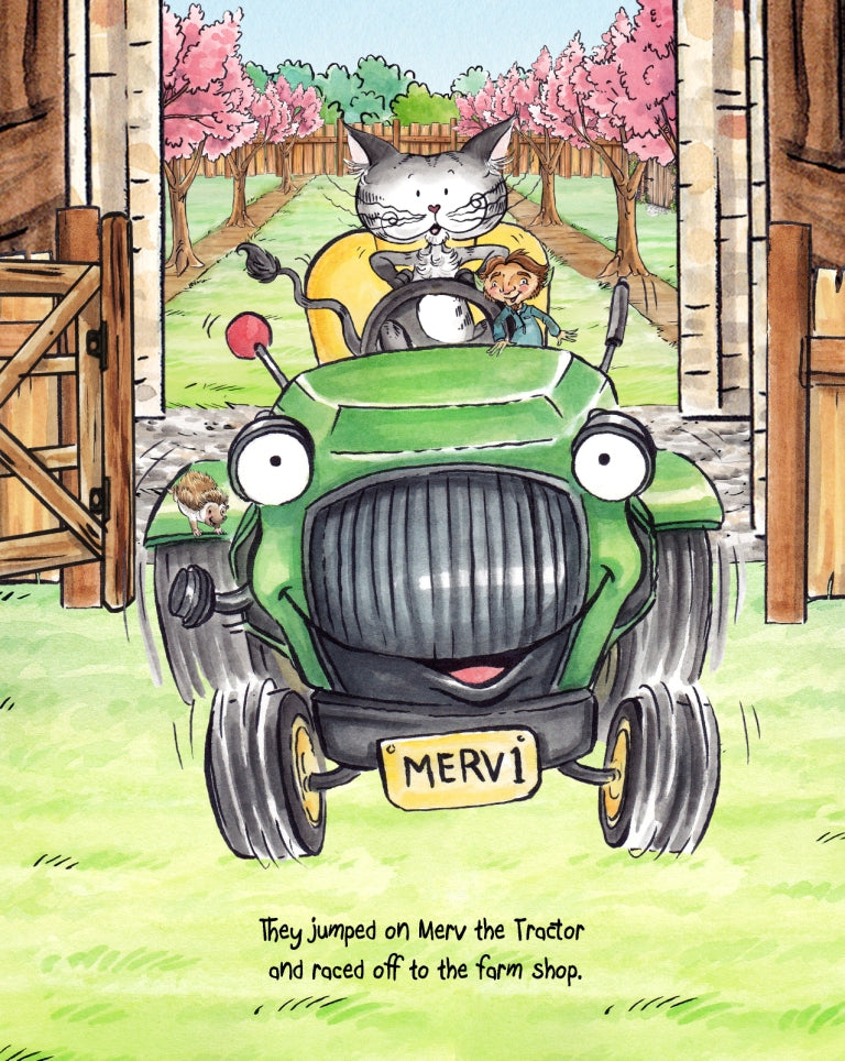 Matisse the Cat on Merv the tractor. From Matisse and the Topsy-Turvy Farm. A children's picture book from 'The Curious Adventures of Matisse the Cat' series.