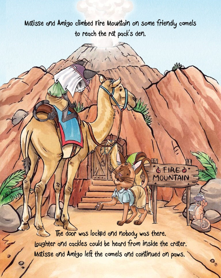 Matisse the Cat on a camel at the volcano. From Matisse and the Secret Pawsport. A children's picture book from 'The Curious Adventures of Matisse the Cat' series.