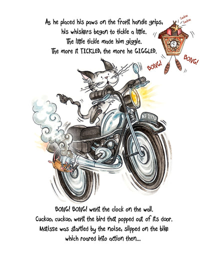 Matisse the Cat riding a motorbike from the children’s picture book, The Curious Advenures of Matisse the Cat, Matisse Tickles Time.