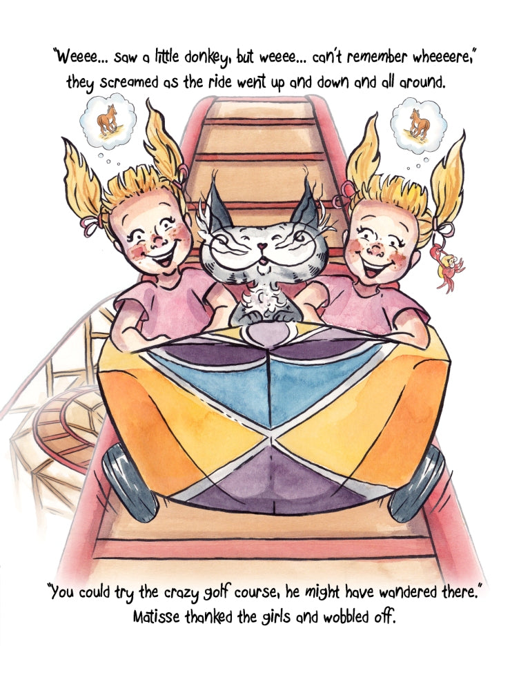 Matisse the Cat on the rollercoaster ride. From Matisse and the Little Lost Donkey. A children's picture book from 'The Curious Adventures of Matisse the Cat' series.