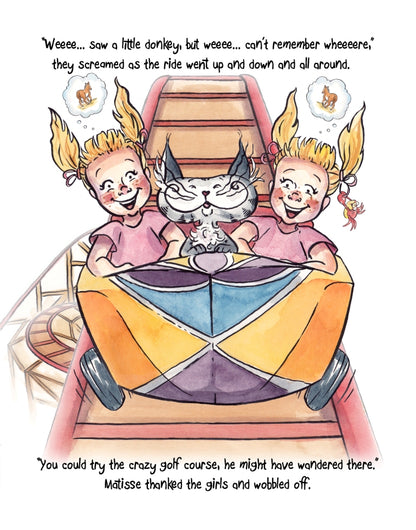 Matisse the Cat on the rollercoaster ride. From Matisse and the Little Lost Donkey. A children's picture book from 'The Curious Adventures of Matisse the Cat' series.