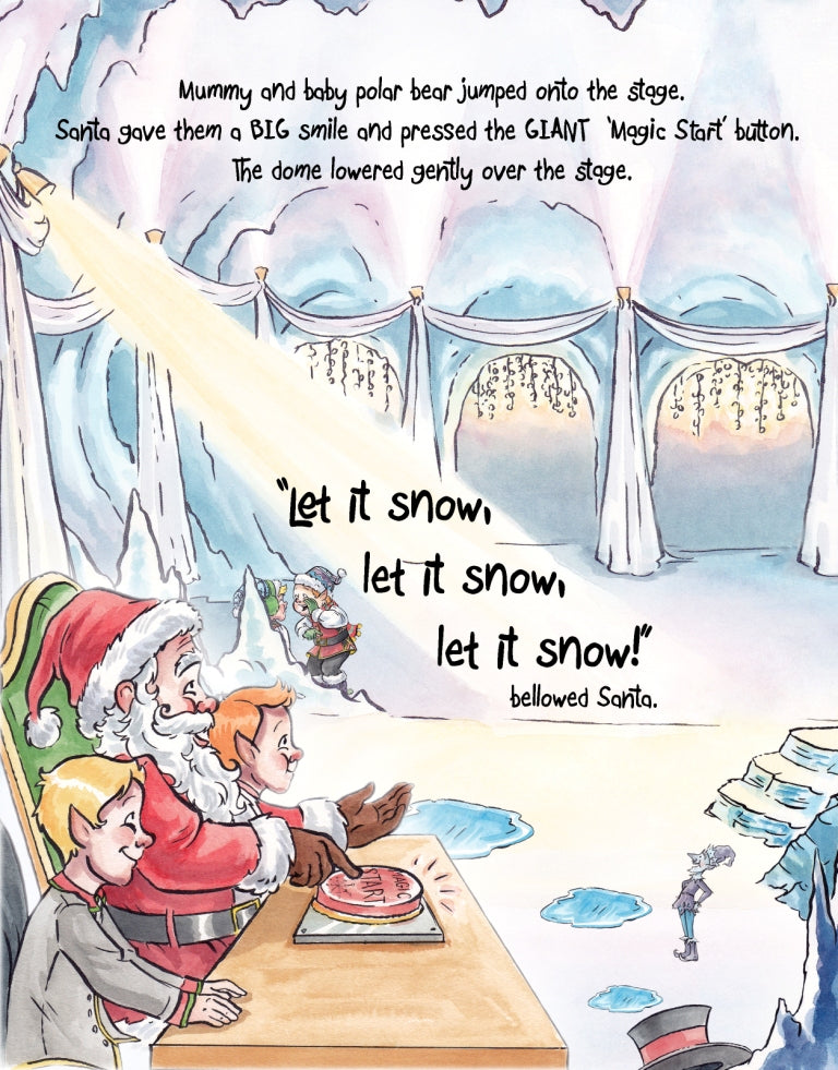 Matisse the Cat reaching Santa's Grotto. From Matisse and Santa’s Magic Snow Globe. A children's picture book from 'The Curious Adventures of Matisse the Cat' series.