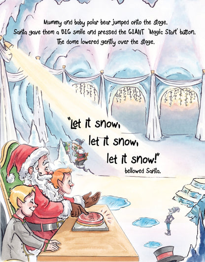 Matisse the Cat reaching Santa's Grotto. From Matisse and Santa’s Magic Snow Globe. A children's picture book from 'The Curious Adventures of Matisse the Cat' series.