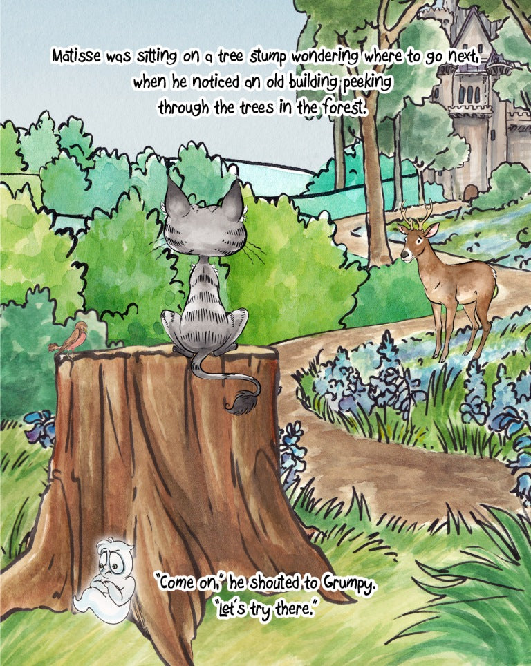 Matisse the Cat spying the castle through the woods. From Matisse and the Grumpy Ghost. A children's picture book from 'The Curious Adventures of Matisse the Cat' series.