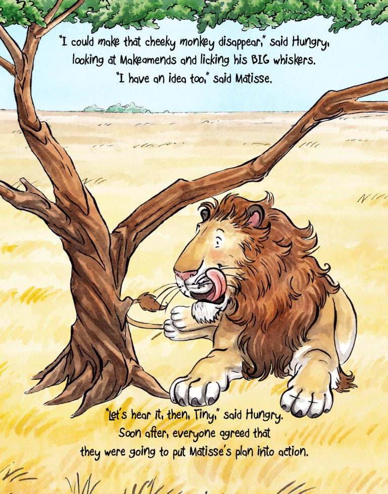 Matisse the Cat talking to the Hungry Lion. From Matisse and the Cheeky Monkey. A children's picture book from 'The Curious Adventures of Matisse the Cat' series.