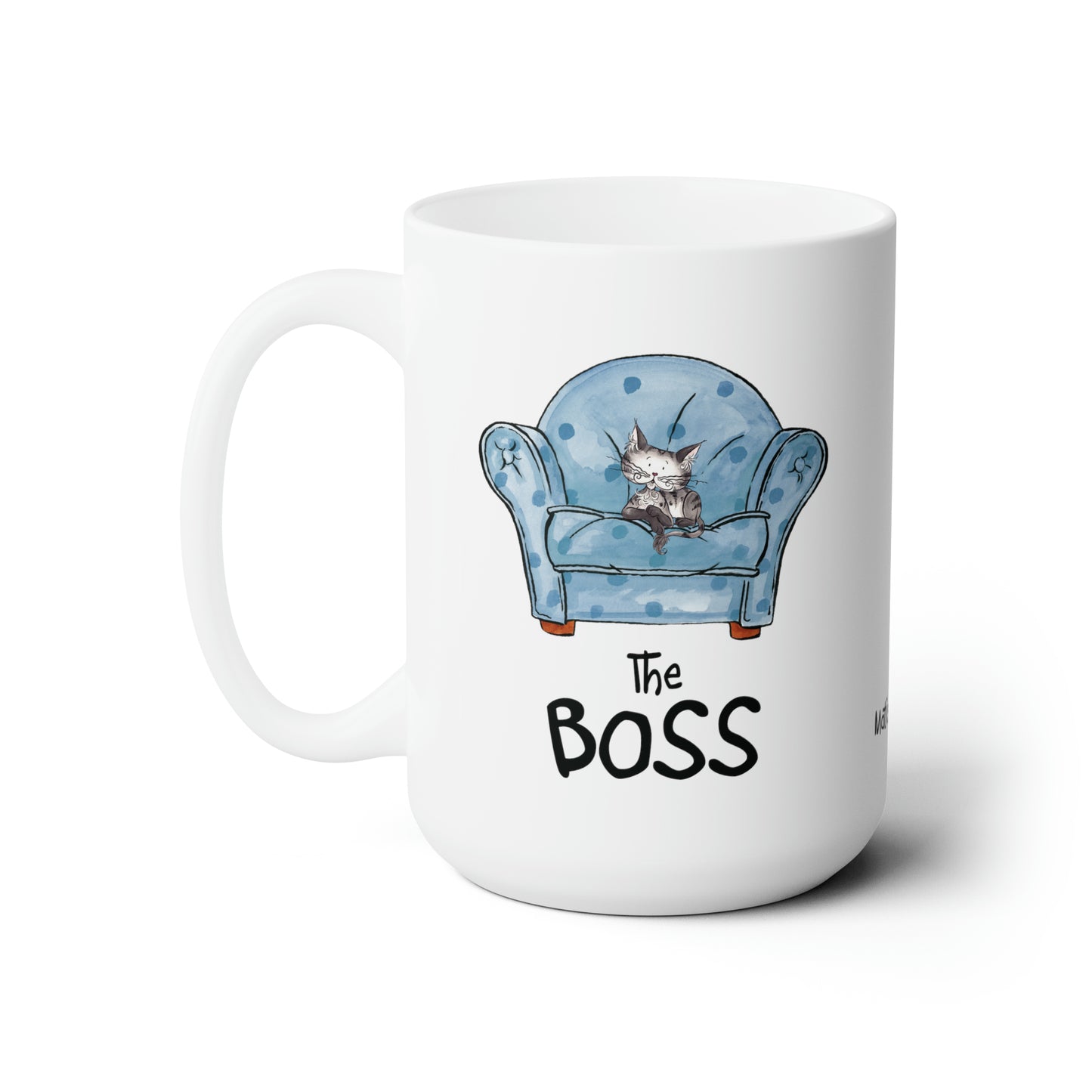 USA Matisse the cat the boss 15oz jumbo mug with the handle on the left.